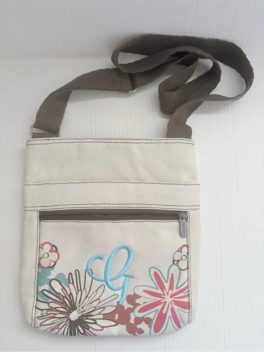 Thirty One Engraved “G” Beige Floral Crossbody Bag with Brown Adjustable Strap